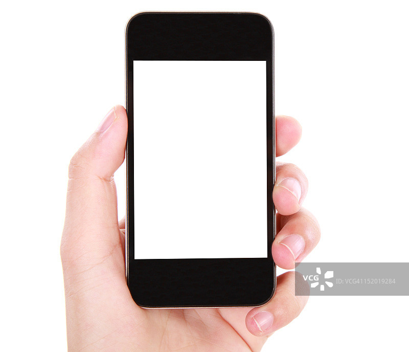 手持空白屏幕智能手机在白色背景图片素材