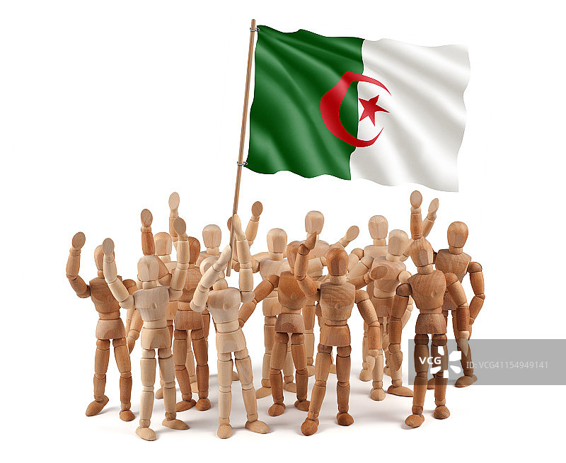 阿尔及利亚-木制人体模型组与旗帜图片素材