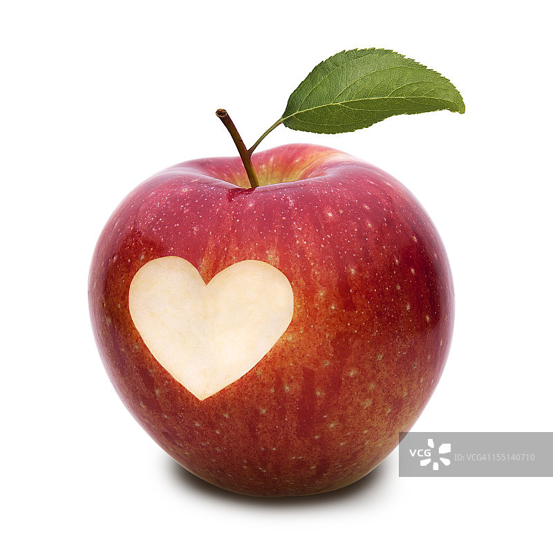 鲜红的苹果，心形和叶子的象征图片素材