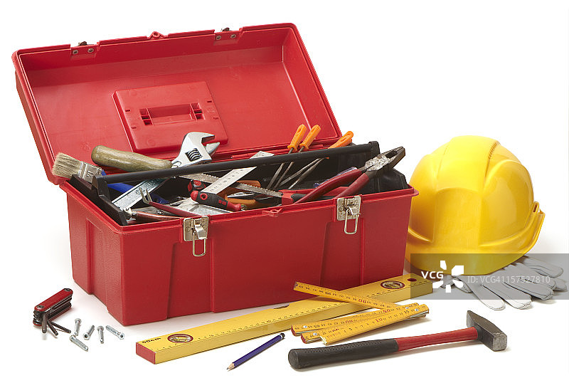 红色工具箱和所有必要的工具图片素材