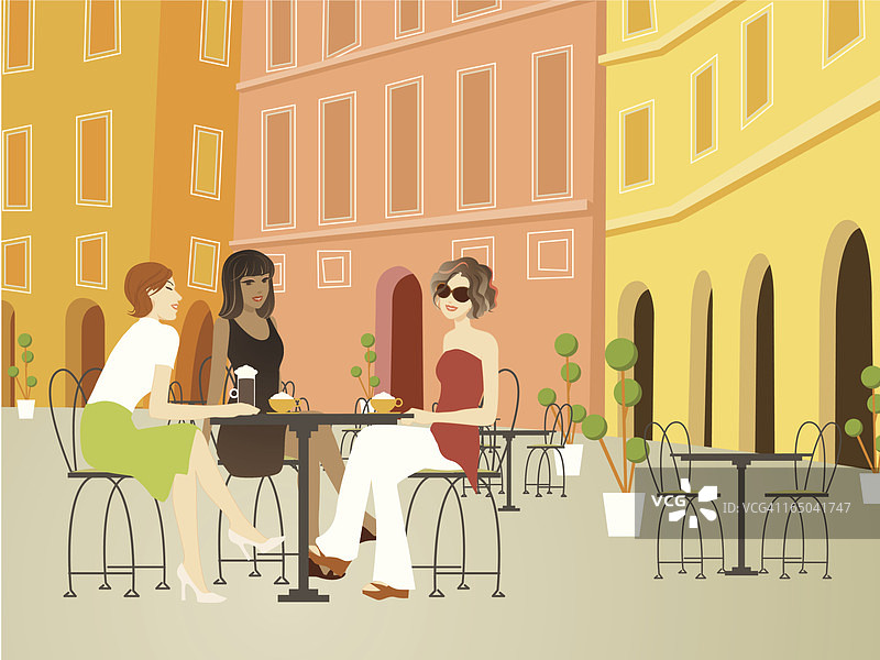 三个美女在欧洲路边咖啡馆闲逛图片素材