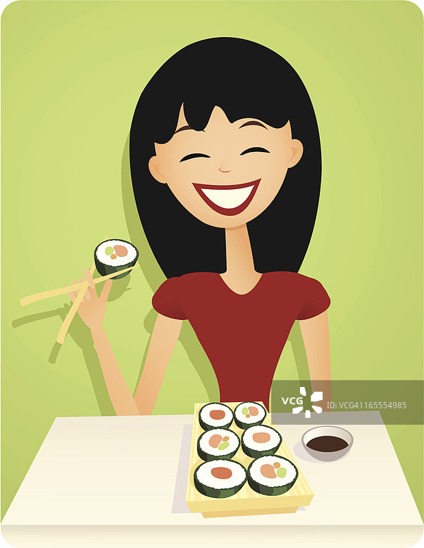 微笑的女孩享受复古风格的寿司图片素材