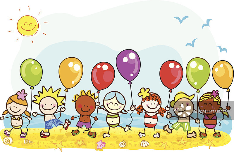 在海滩上玩气球的孩子们的暑假快乐漫画插图图片素材