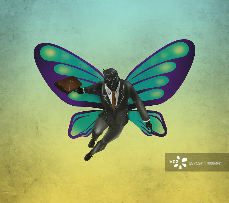 插图形象的商人飞与蝴蝶的翅膀在鲜花代表商业风险图片素材