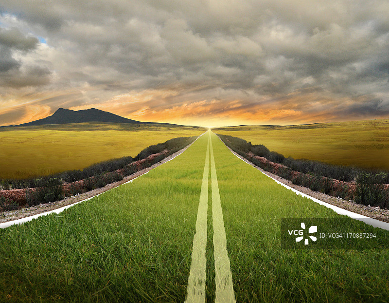 说明图像的草生长在道路上，代表绿色的概念图片素材
