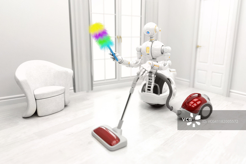 用吸尘器打扫房子的机器人图片素材