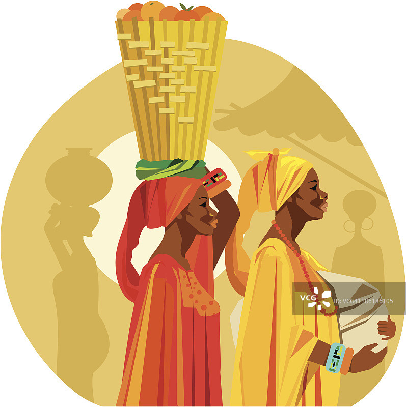 两个非洲女人头顶水果的矢量。图片素材