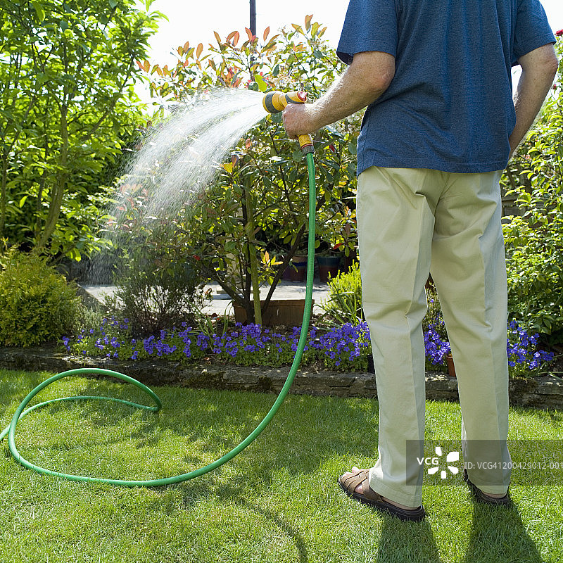 老男人用软管浇灌花园，后视图图片素材