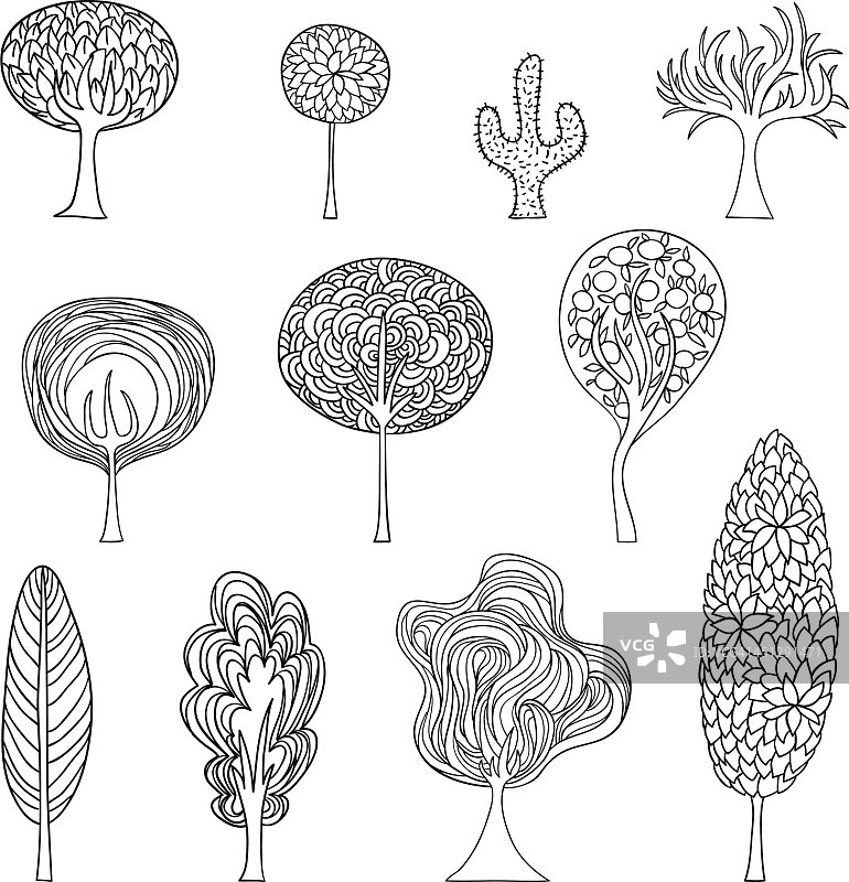 卡通树木插图在黑色和白色图片素材