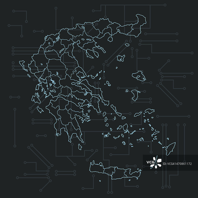 希腊地图与国家在黑色电路板的背景图片素材