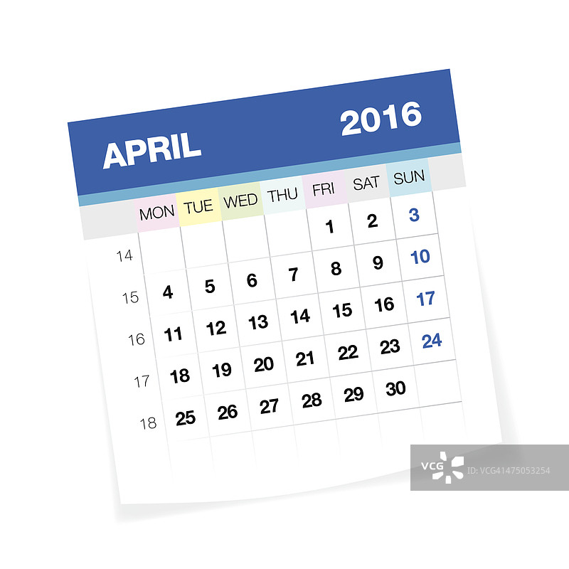 2016年4月欧洲日历图片素材