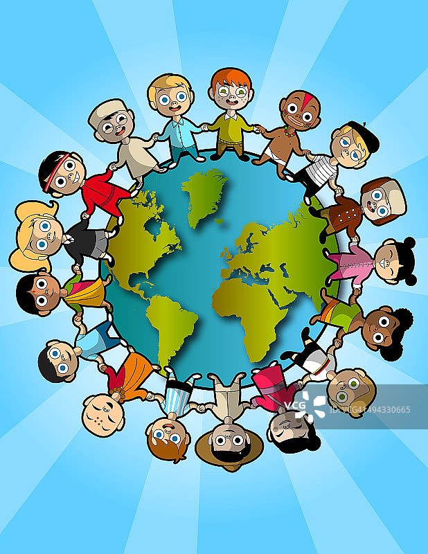 多种族儿童站在地球代表团队合作的插图图片素材