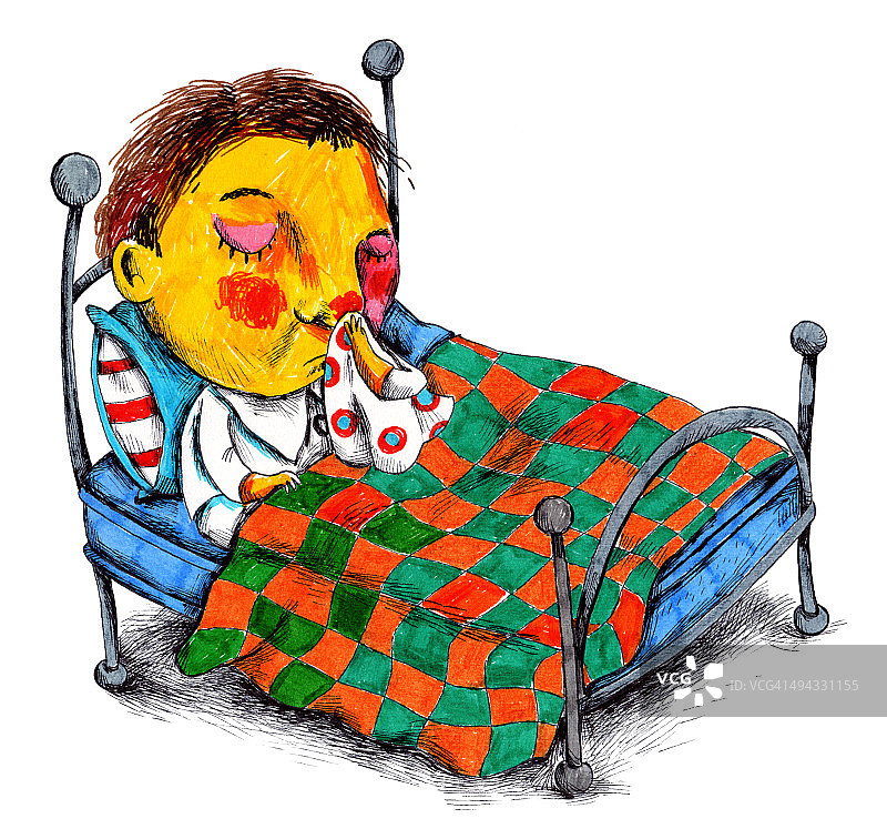小男孩在床上擦鼻子的插图图片素材