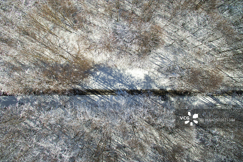 鸟瞰图的蒙特塞尼山与美丽的山毛榉木和道路沥青在冬天雪。图片素材