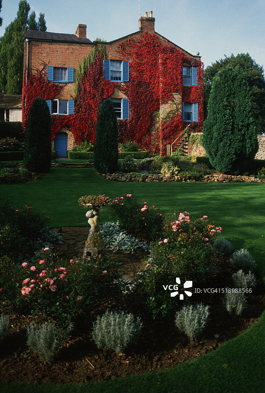 在花园前，有赤褐色的弗吉尼亚蔓藤和天蓝色的百叶窗图片素材