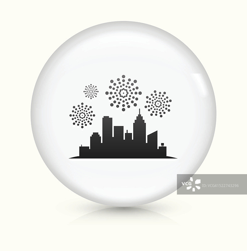 城市视图和烟花图标上的白色圆形矢量按钮图片素材