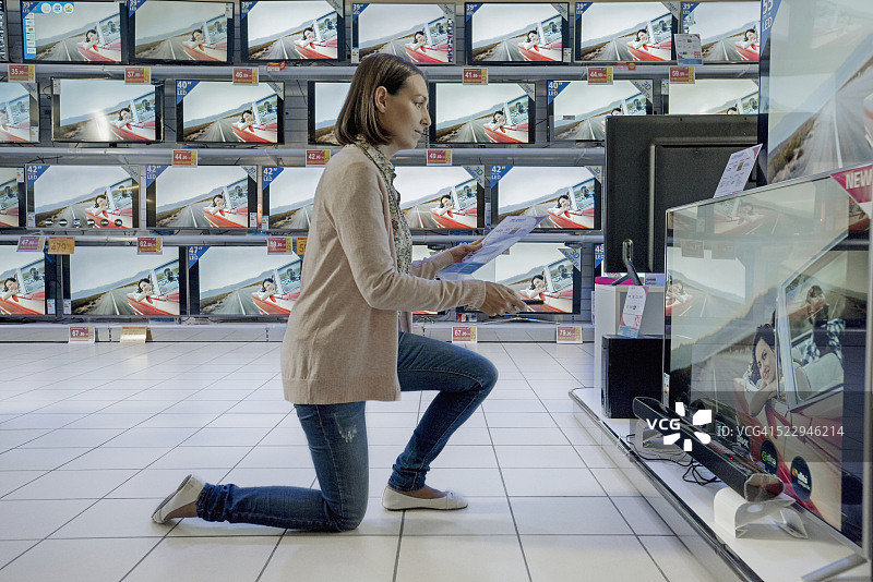 一个年轻女子跪在电子商店的平板电视机前图片素材