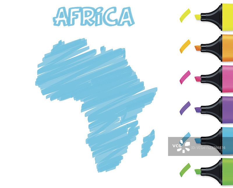 非洲地图手绘，白色背景，蓝色荧光笔图片素材