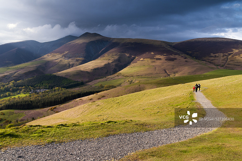 一家人走在斯基多山的latrigg小路上。湖区国家公园。英国。欧洲。图片素材