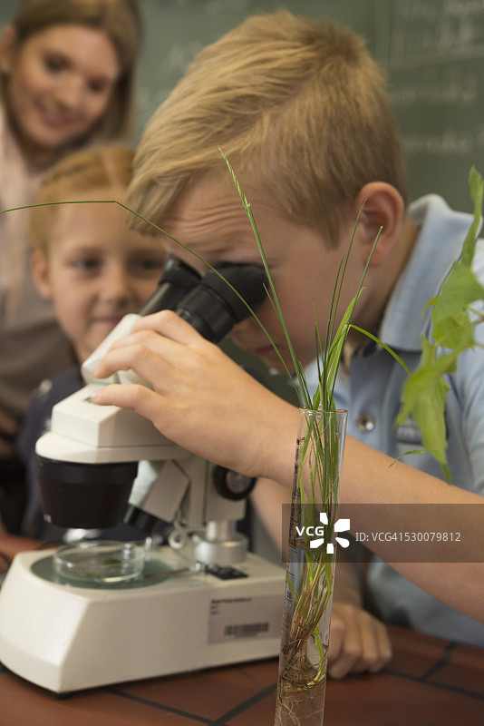 School boy looking through a microscope, F��rstenfeldbruck, Bavaria, Germany图片素材