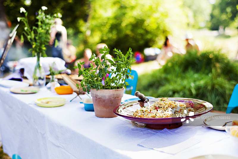 在河边烧烤，前景野餐桌，德国巴伐利亚图片素材