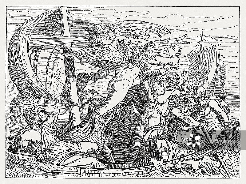 风神风神给尤利西斯带来不幸，希腊神话，1880年出版图片素材