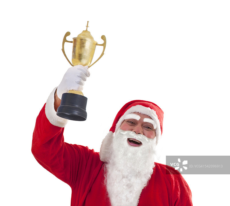 快乐的圣诞老人举着奖杯在白色背景的特写肖像图片素材