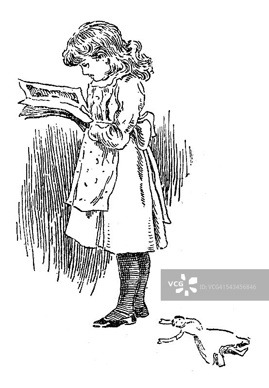古董童书漫画插图:女孩看书图片素材