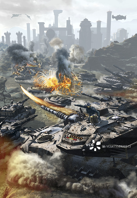 未来的悬停坦克攻击一个遥远的城市。图片素材
