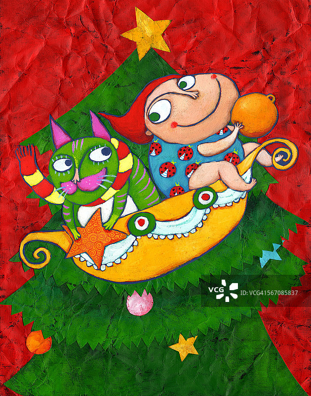 插图代表的男孩有乐趣在圣诞树的顶部图片素材