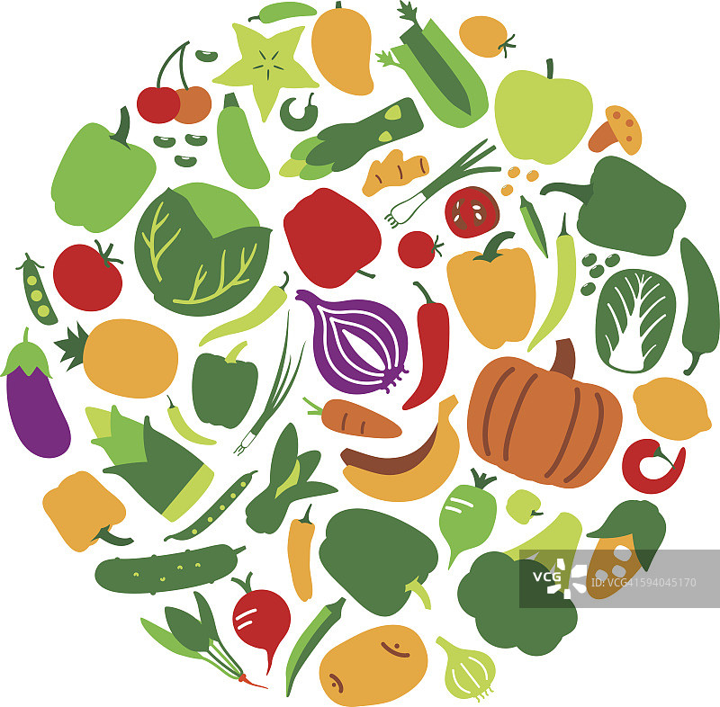 蔬菜和水果的图标设置在圆形，矢量插图图片素材