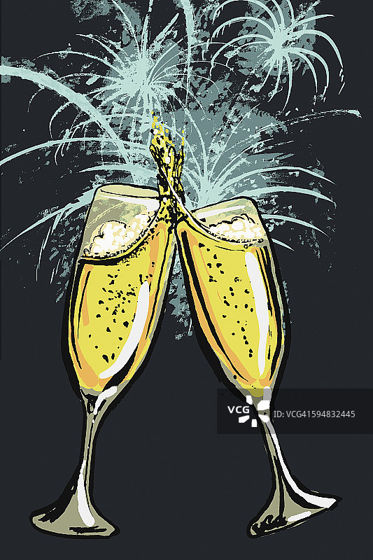 香槟杯对着烟花祝酒的插图图片素材