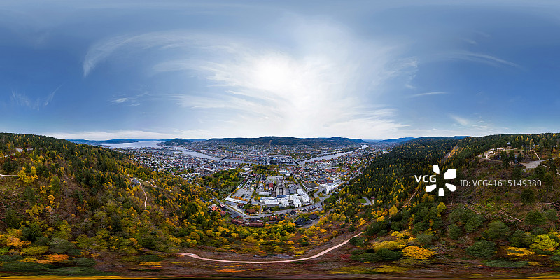 360度鸟瞰图- Drammen城市(挪威)从森林。图片素材