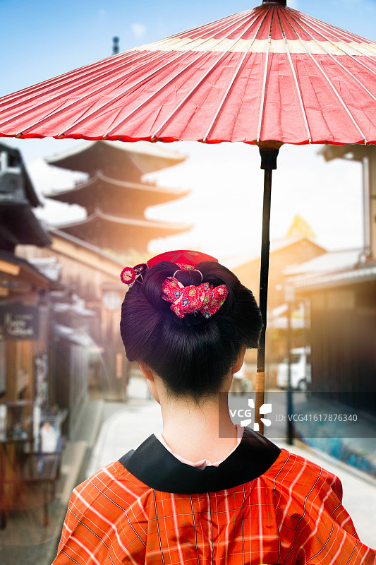日本女士在京都的伞下行走的后视图图片素材