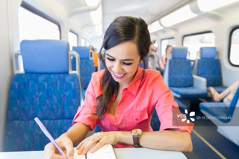 年轻女子坐火车上下班图片素材