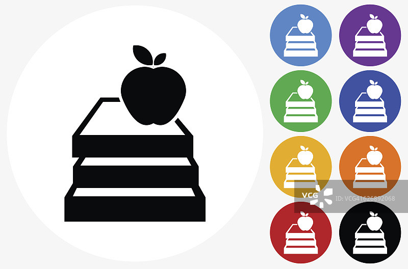 苹果和书籍图标上的平面颜色圆形按钮图片素材