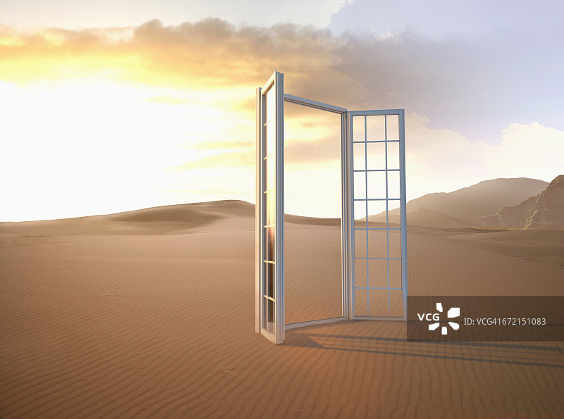 在沙漠中打开窗户图片素材