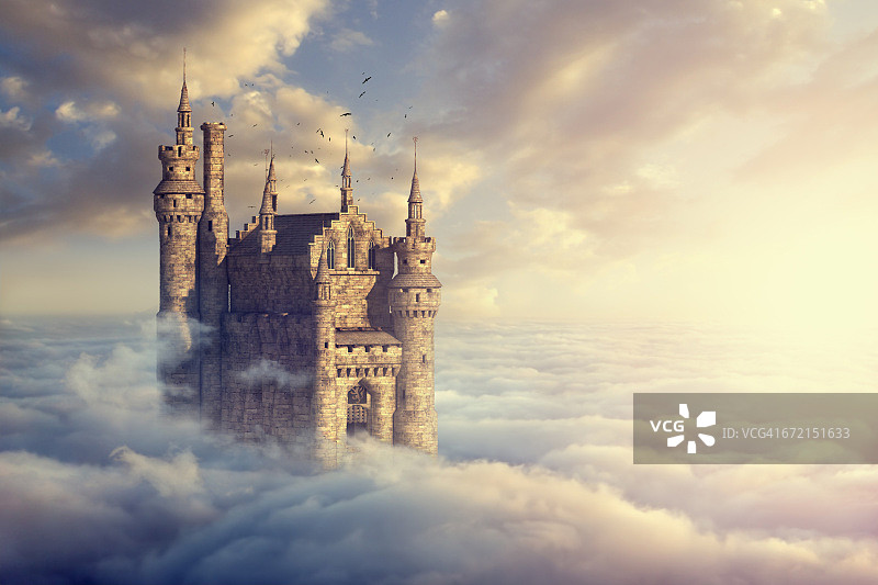 鸟儿在云上的城堡周围飞翔图片素材