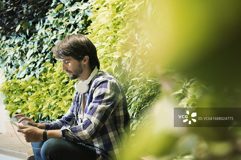 年轻人坐在绿色植物墙前，使用数码平板电脑图片素材