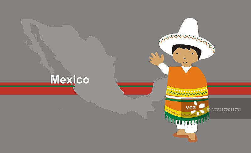 男孩穿着传统的墨西哥服装在墨西哥地图前图片素材