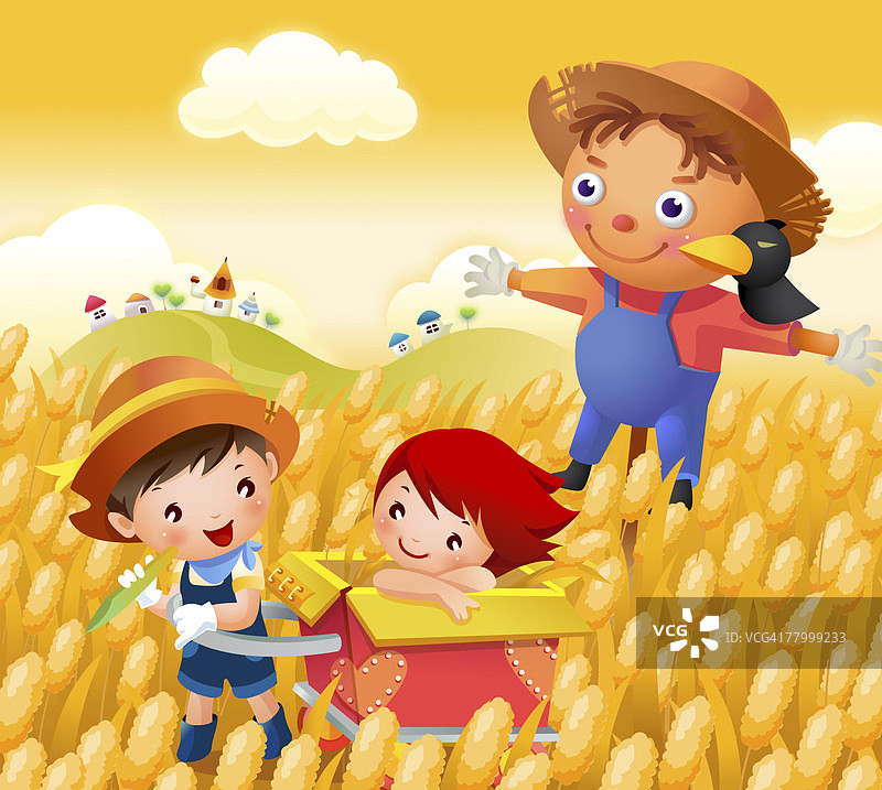 一个男孩和一个女孩在田野里，身后有一个稻草人图片素材