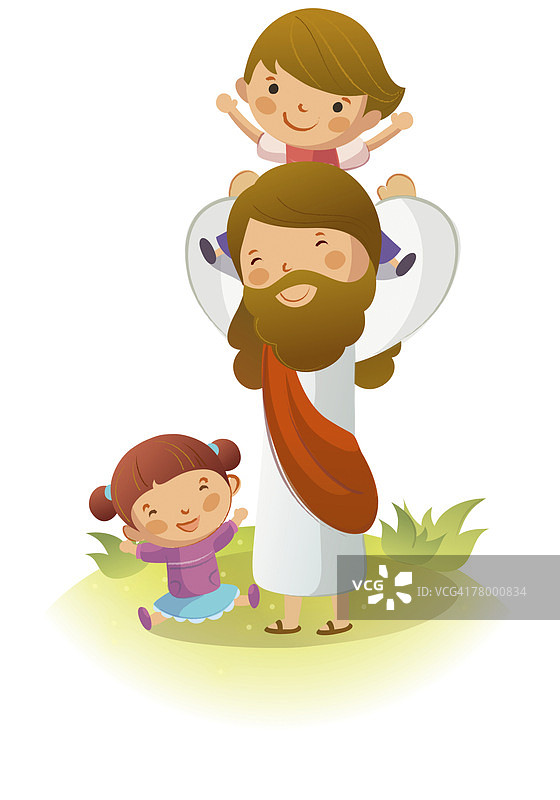 耶稣基督背着一个男孩和一个坐在草地上的女孩图片素材