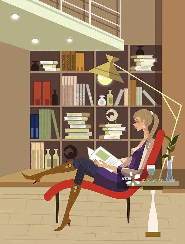 一个女人坐在躺椅上看书的侧面图片素材