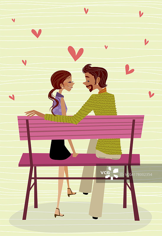 一个男人和一个女人面对面坐在长凳上的侧面轮廓图片素材