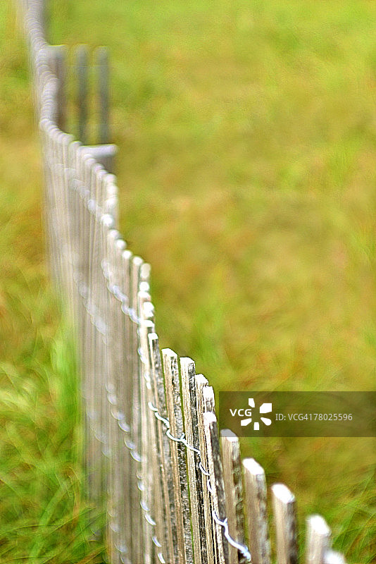 一个篱笆穿过草地的特写。图片素材