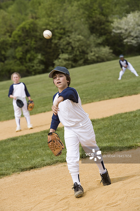 男孩在少年棒球联盟比赛中投球图片素材