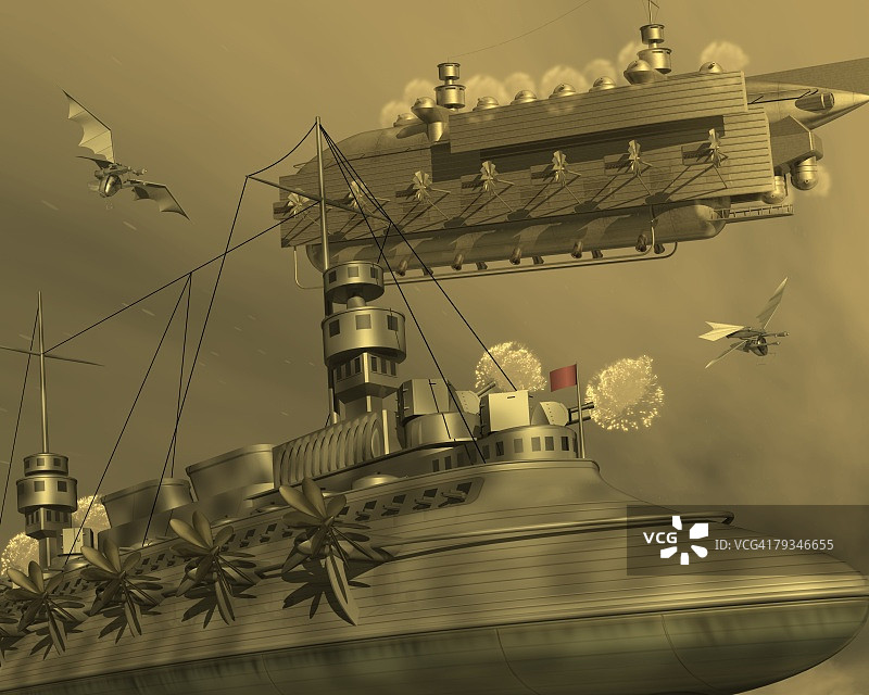飞艇，插图，CG, 3D，棕褐色，低角度视图图片素材