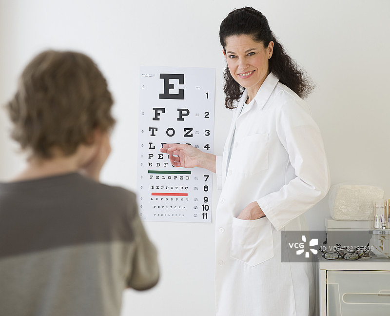 西班牙女医生指着孩子的视力表图片素材
