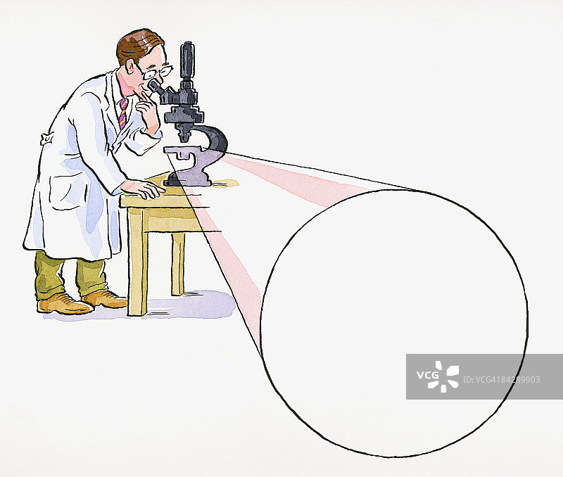 漫画医生透过显微镜，和大光束看图片素材