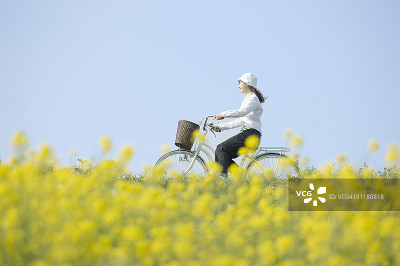 年轻女子骑着自行车沿着油菜地行进图片素材